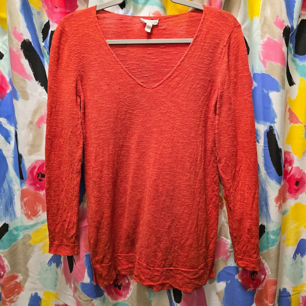 Eileen Fisher burnt orange linen cotton V-neck long sleeve sweater petite medium